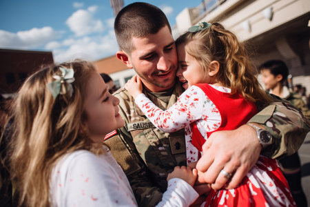 Soldier embracing his wife and kids on his homecomingの素材