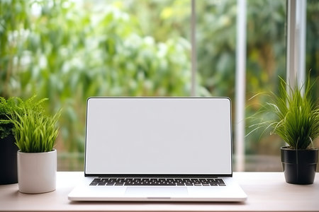 Laptop pc mock up template design on office workplace desk, white mockup empty blank computer screen on office work table business web technology at modern workspace, closeupの素材