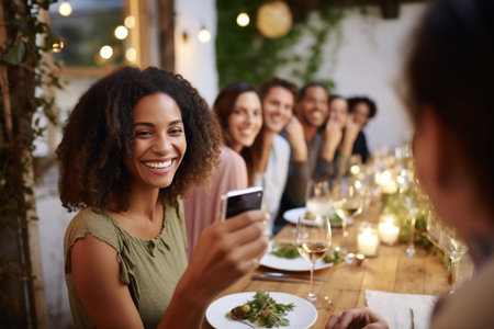 Woman taking picture of her friends at dinner partyの素材