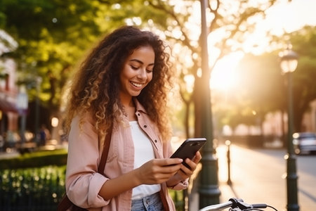 Latin business woman holding smartphone using bike rentalの素材