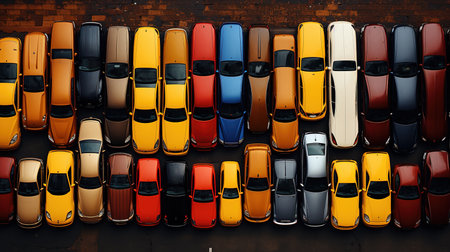 Aerial view of cars in parking placesの素材