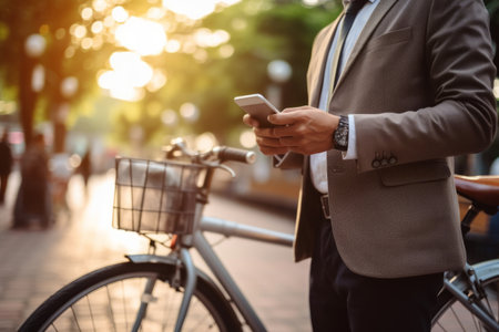 Asian business man holding smartphone using bike rental digital phone app scanning qr code to rent electric bicycle in city public eco transport mobile application standing on urban park on sunsetの素材