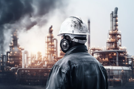 Double exposure of Engineer with safety helmet with oil refinery industry plant backgroundの素材