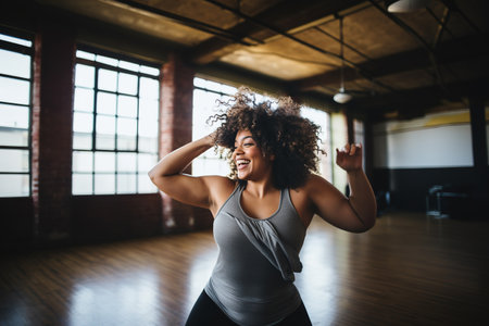 Confident body moves: Plus size woman having fun with her body in a dance studioの素材