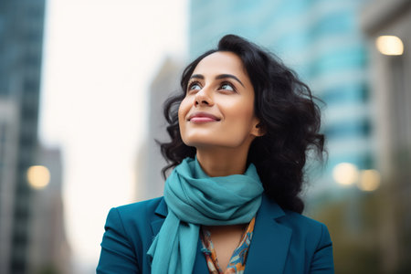 Confident rich eastern indian business woman executive standing in modern big city looking and dreaming of future business successの素材