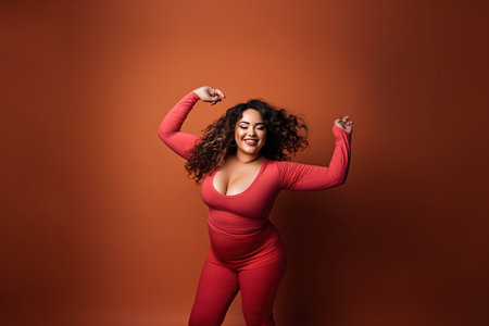 Confident body moves: Plus size woman having fun with her body in a color backgroundの素材