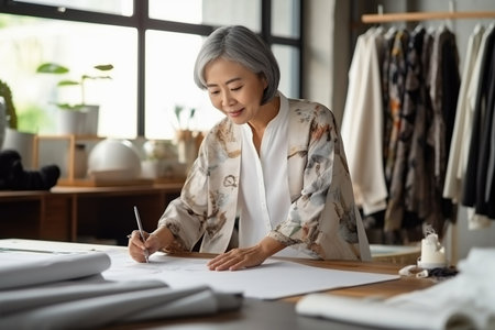 Middle aged stylish Asian woman fashion designer drawing sketches in studio. Mature old adult elegant gray-haired lady dressmaker small business owner creating new fashion design cloth in atelierの素材