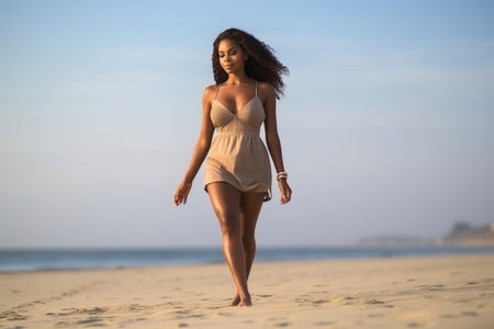 Attractive african woman in bikini walking on the beachの素材