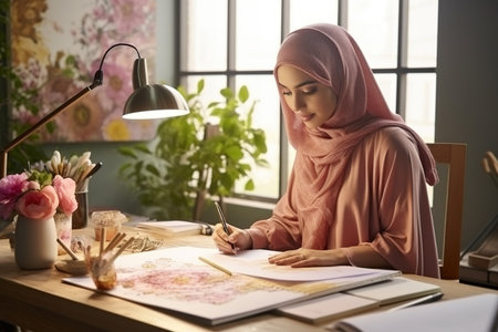 Creative Muslim designer working with drawings in an officeの素材