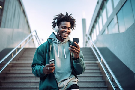 Fit sporty young black man sitting on concrete urban stairs holding phone using mobile apps listening music. Strong African ethnic guy wearing headphones looking at smartphone outdoors. top viewの素材