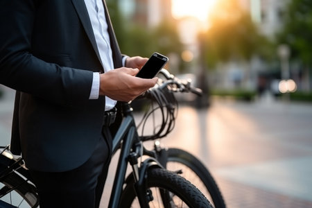 business man holding smartphone using bike rental digital phone app scanning qr code to rent electric bicycle in cityの素材