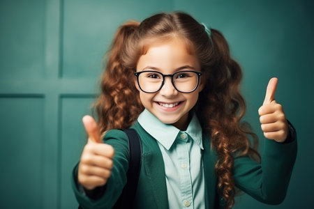 Happy smiling girl in glasses with thumb up is going to school for the first time. Child with school bag and book. Back to schoolの素材