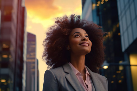 Happy wealthy rich successful black businesswoman standing in big city.の素材