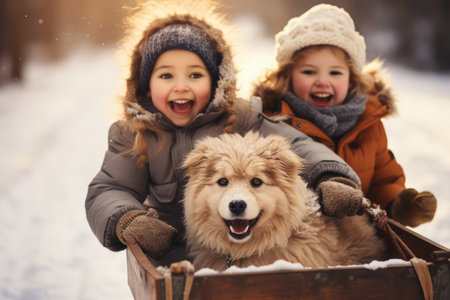 adorable little kids having fun on a sled in the winter parkの素材