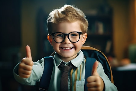 Happy smiling boy in glasses with thumb up is going to sc a1f8e2ab-1e52-4dbe-b879-9dffa529bfbe-standard-scale-3 00xの素材