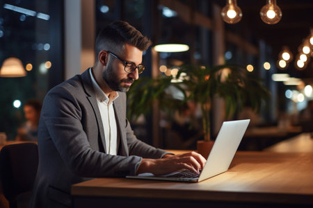 Late night marketing plan: Professional man typing on laptop in officeの素材