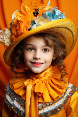 Child in carnival costume on color yellow backgroundの素材