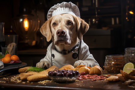 A dog with a chef's hat on, cooking up a delicious boneの素材