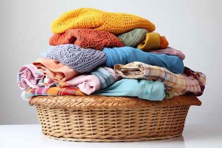 Clothes on wicker baskets for washing preparations whit white backgroundの素材
