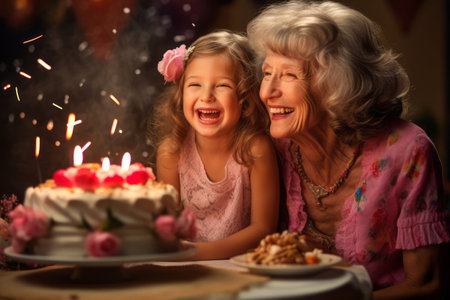 Grandmother and granddaughter celebrate togetherの素材
