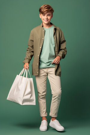 pretty young boy hold sales commercial shopping isolated on color backgroundの素材