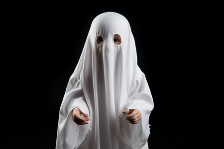 Little cute child with white dressed costume Halloween ghost scary, studio shot isolated on black backgroundの素材