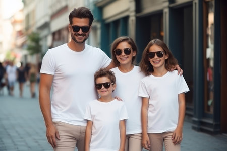 dad and three kids wearing blank white tshirtの素材