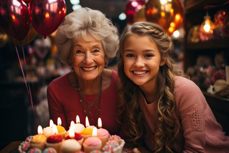 Grandmother and granddaughter celebrate togetherの素材