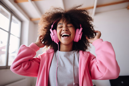 Happy funny gen z hipster African American teen girl wearing headphones dancing at home, listening music on mobile phone, having fun feeling funky moving in living roomの素材