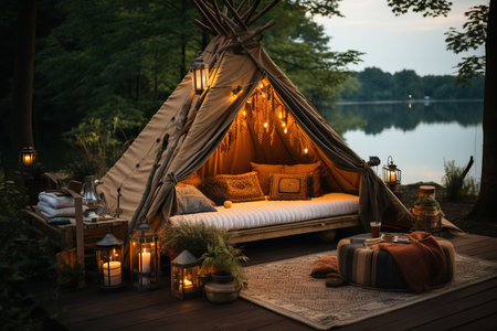 Glamping camping teepee tent camping in the morningの素材