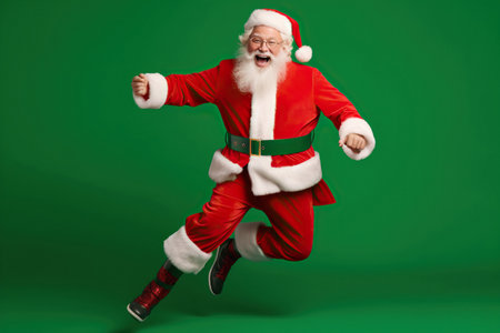 Santa having fun dancing rest relax amusement celebratory festive day isolated over green color backgroundの素材