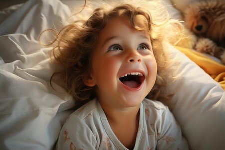 Cute sweet toddler child, tickling feet on the bed, laughing and smiling,の素材