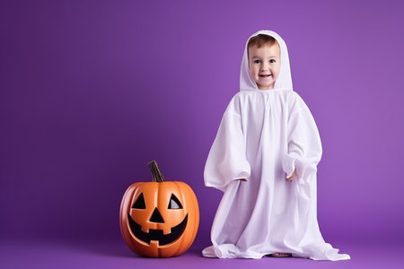 Little cute child with white dressed costume Halloween ghost scary, studio shot isolated on purple backgroundの素材