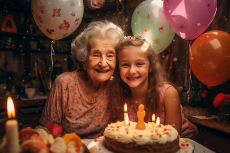 Grandmother and granddaughter celebrate togetherの素材