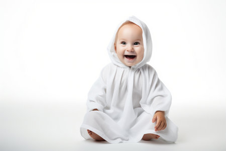 Little cute child with white dressed costume Halloween ghost scary, studio shot isolated on white backgroundの素材