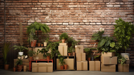 cardboard boxes houseplants and other things over brickの素材
