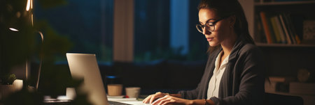 Nighttime productivity: Young businesswoman typing on laptop in home officeの素材