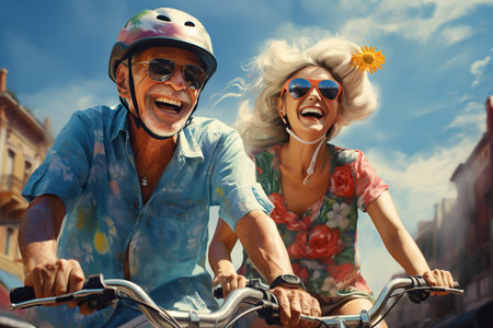 Old Couple riding bicycles outside of the city and wearing helmets and sunglassesの素材