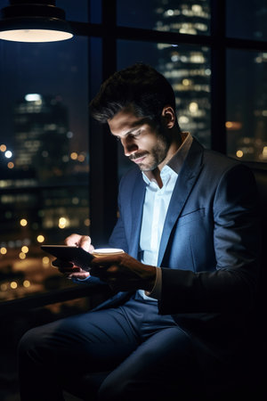 Pensive entrepreneur using digital tablet at night timeの素材