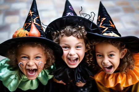 Portrait enthusiastic kids in Halloween costumesの素材