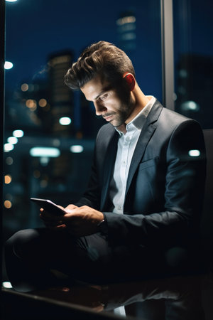 Pensive entrepreneur using digital tablet at night timeの素材