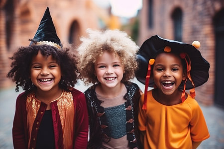 Portrait enthusiastic kids in Halloween costumesの素材