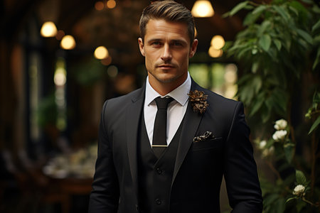 stylish man in black suit and white shirt.の素材