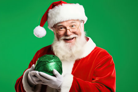 Portrait of Santa holding in hands reading wish present gift list on green backgroundの素材