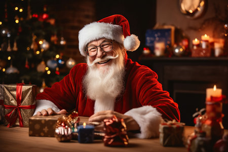 Portrait of happy old bearded Santa Claus wearing hat, glasses, looking at cameraの素材