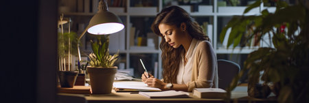 Working late in a home office: A young businesswoman planning a projectの素材