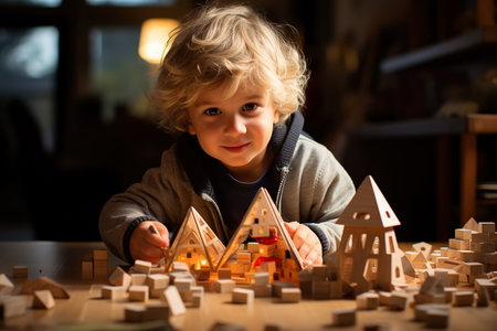 young kid playing with blocks at homeの素材