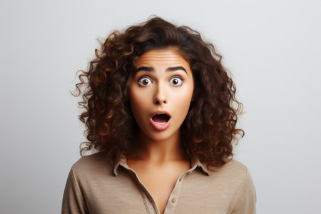 Woman expressing surprise and shock emotion with his mouth open and wide open eyes.の素材