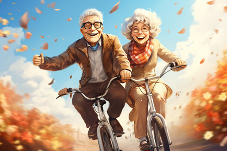 Old Couple riding bicycles outside of the city and wearing helmets and sunglassesの素材