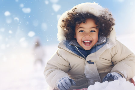 Smiling child sledding on snow in the winterの素材